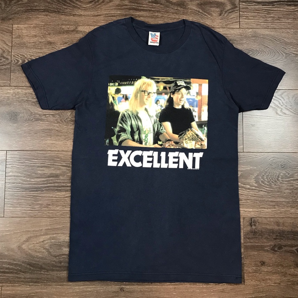 Junk Food Wayne’s World “Excellent” Men’s Navy Blue Movie T-Shirt Size Medium